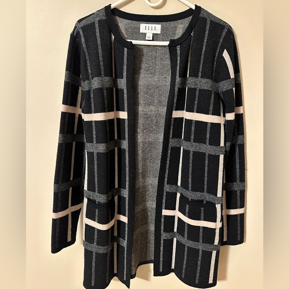Elle Touch of Sparkle Black/Gray/Pink Long Sweater Size S $20